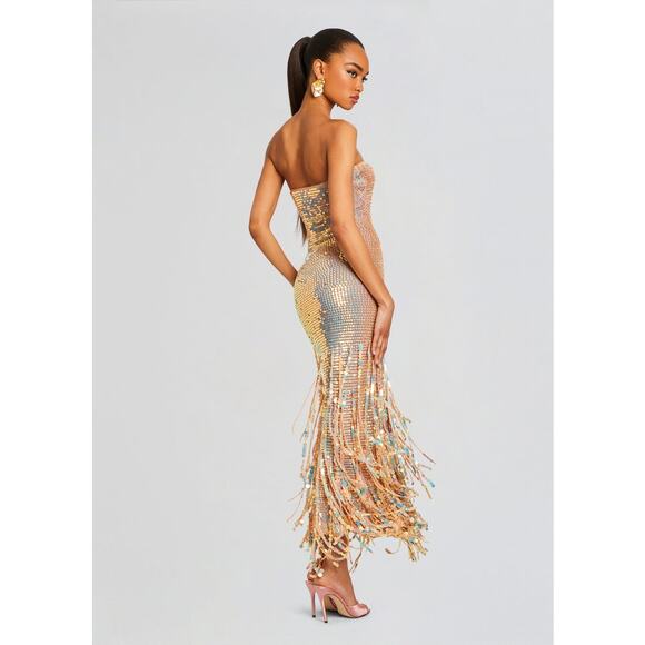 NWT RETROFETE Tan Tera Ballerina Colorway Sequin Fringe Crochet Dress Size M - Picture 5 of 11